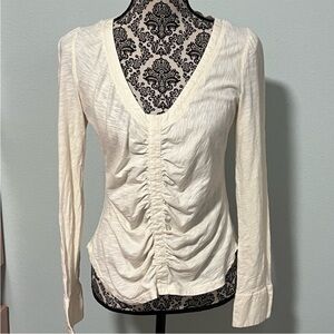 Anthropologie Cotton Ivory Ruched Long Sleeve Top